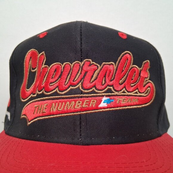 Vintage 1990s Chevrolet Cap Hat Black Red Auto Racing Script Embroidered #1 Team - Picture 2 of 15
